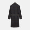 View 5 of product The Turnbull & Asser Charcoal Grey Check Wool Pierce Gown features a long, gown-style silhouette with a shawl collar, wrap-around belt, cuffed sleeves, and white edge stitching, shown against a plain white background.