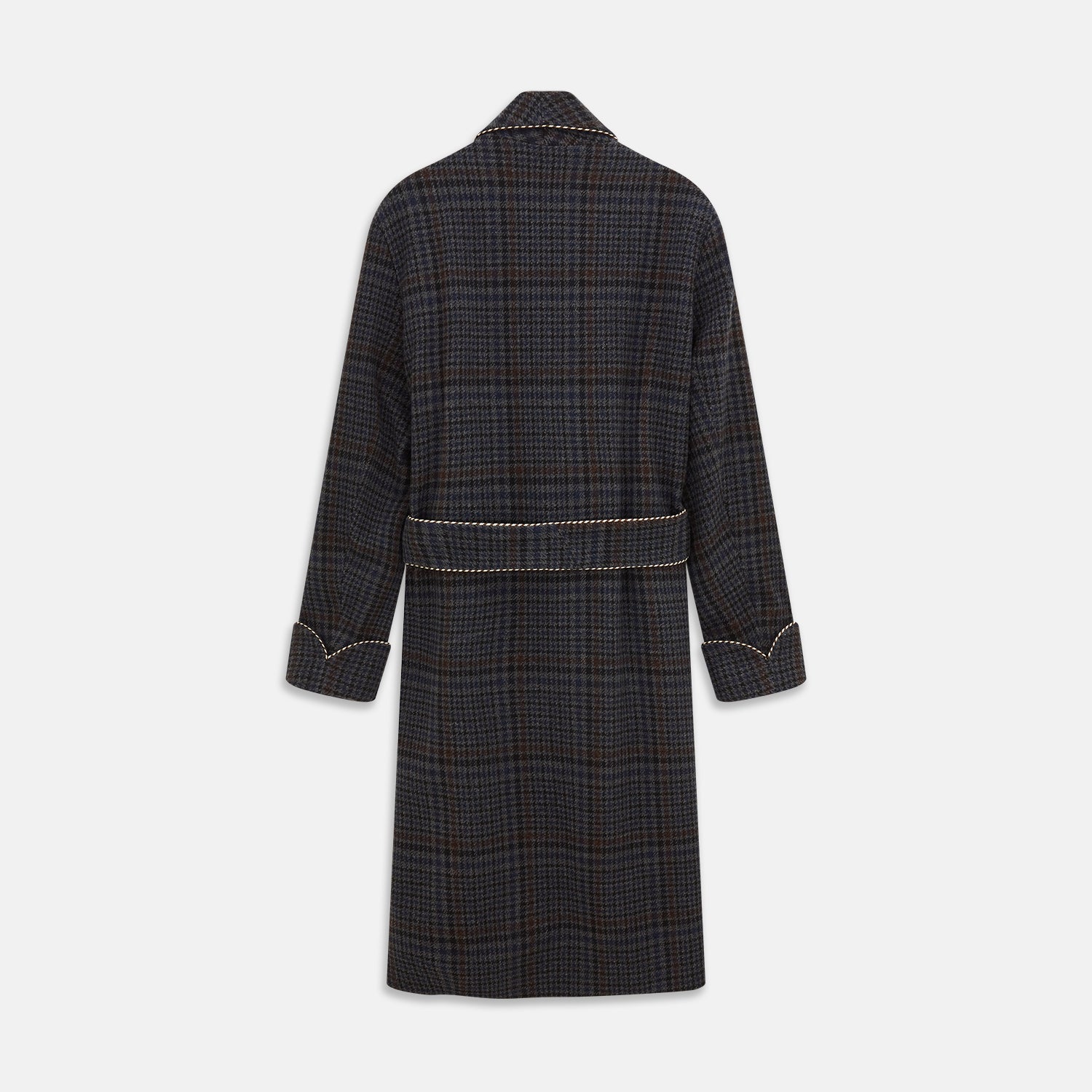 View 5 of product The Turnbull & Asser Charcoal Grey Check Wool Pierce Gown features a long, gown-style silhouette with a shawl collar, wrap-around belt, cuffed sleeves, and white edge stitching, shown against a plain white background.