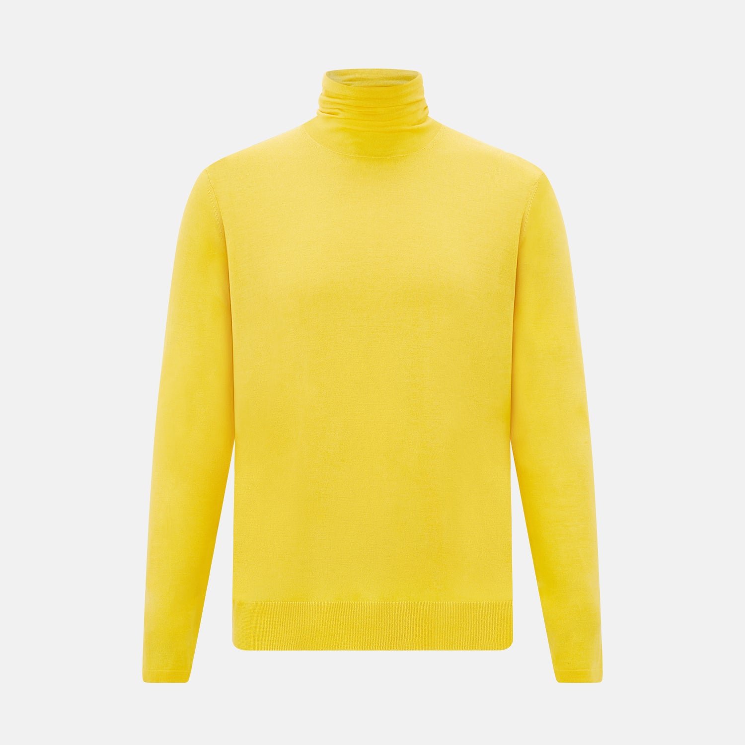 View 1 of product The Turnbull & Asser Canary Yellow Fine Merino High Neck Jumper features soft merino wool, long sleeves, and a classic turtleneck design, presented on a plain white background.