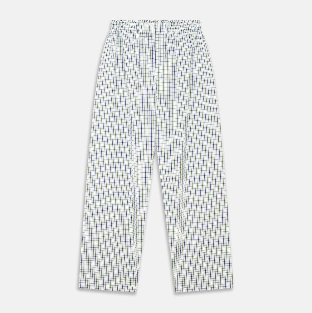 The Turnbull & Asser Green and Blue Check Cotton Hyde Pyjama Set for men features a long-sleeve, button-up top and pants with contrasting dark piping, shown laid flat on a white background.