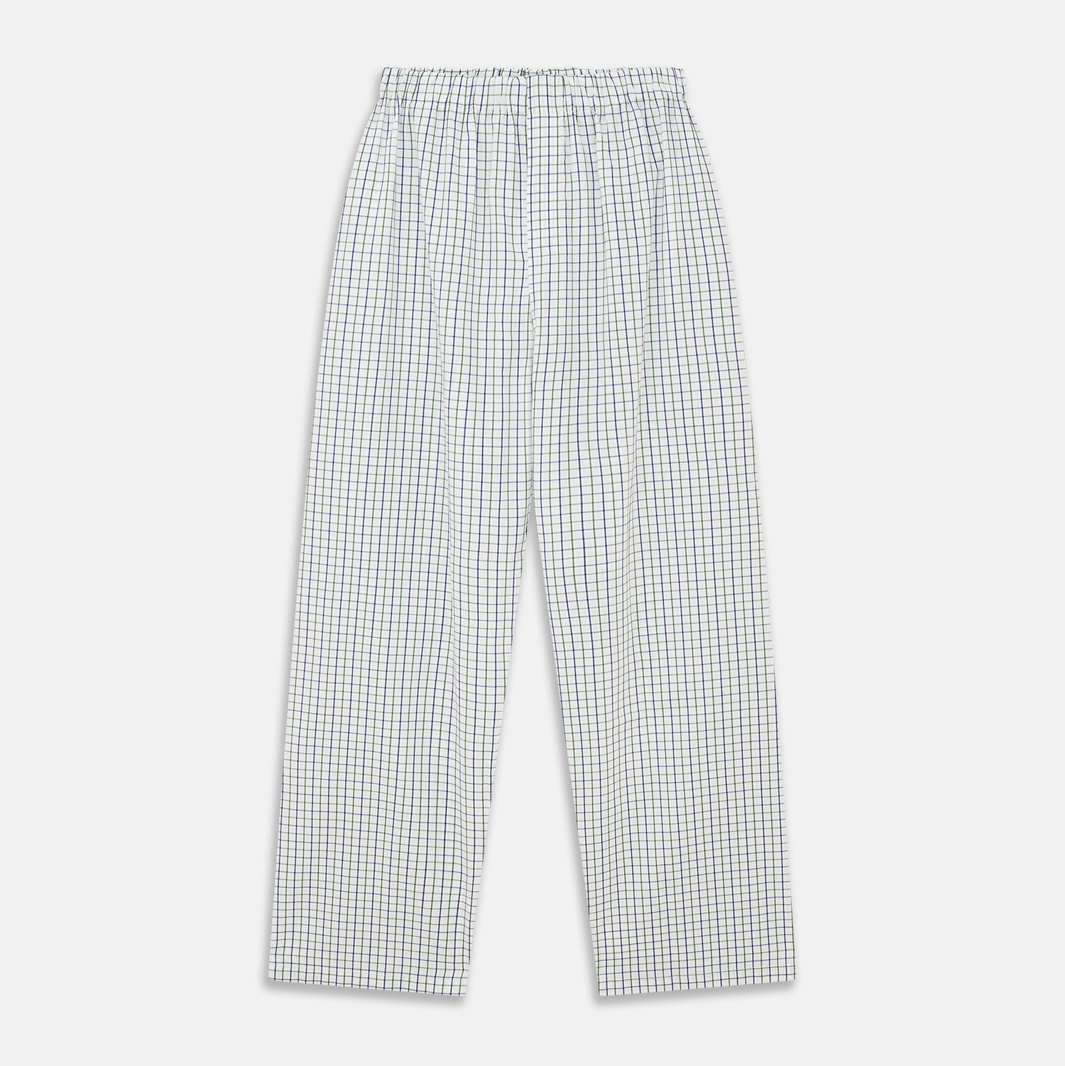 View 6 of product The Turnbull & Asser Green and Blue Check Cotton Hyde Pyjama Set for men features a long-sleeve, button-up top and pants with contrasting dark piping, shown laid flat on a white background.