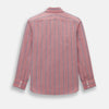 View 3 of product The Turnbull & Asser Red Track Stripe Westminster Shirt features British craftsmanship, a collar, pink base with vertical blue and white stripes, white buttons, and a pocket-free front for refined appeal.
