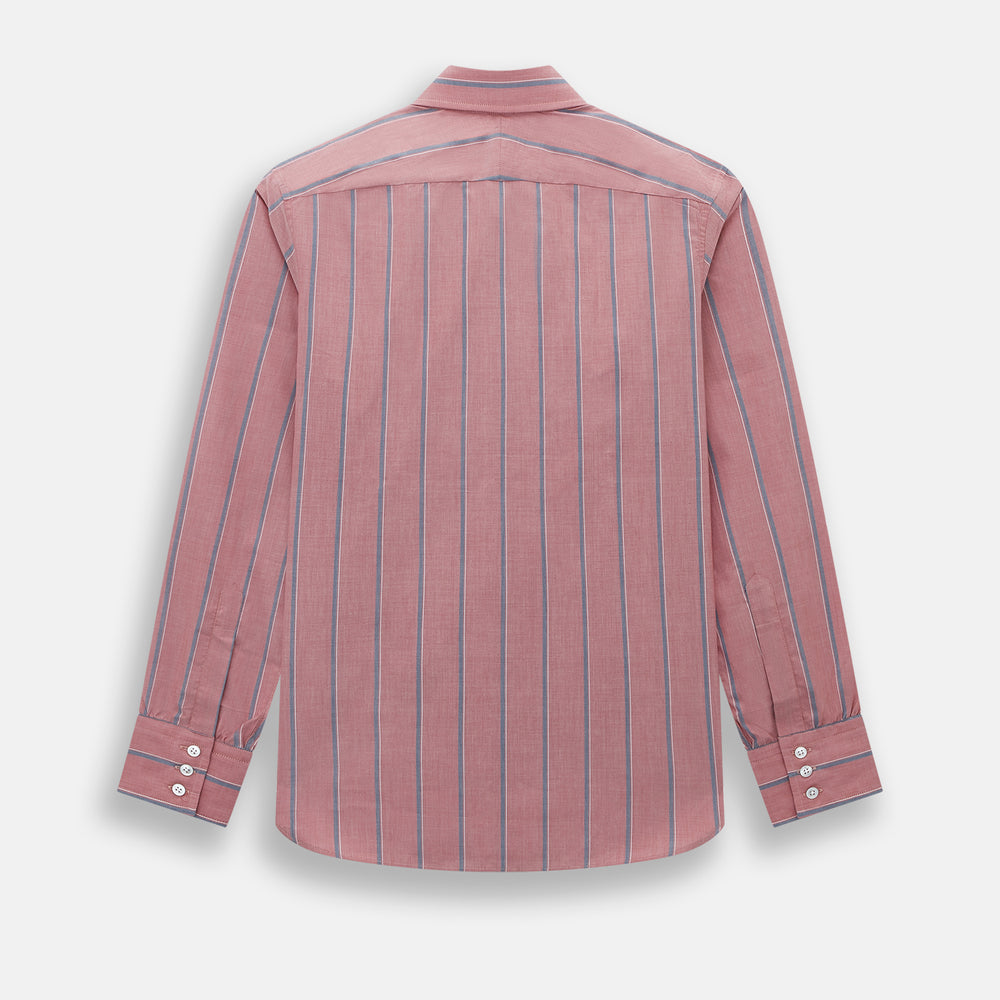 The Turnbull & Asser Red Track Stripe Westminster Shirt features British craftsmanship, a collar, pink base with vertical blue and white stripes, white buttons, and a pocket-free front for refined appeal.