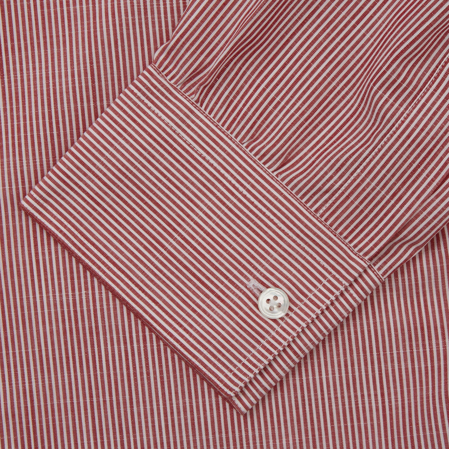 View 5 of product The Turnbull & Asser Dark Red Chambray Stripe Weekend Fit Shirt with a Dorset collar features striped cotton, two chest pockets with button flaps, and white front and cuff buttons—perfect for a relaxed yet stylish weekend look.