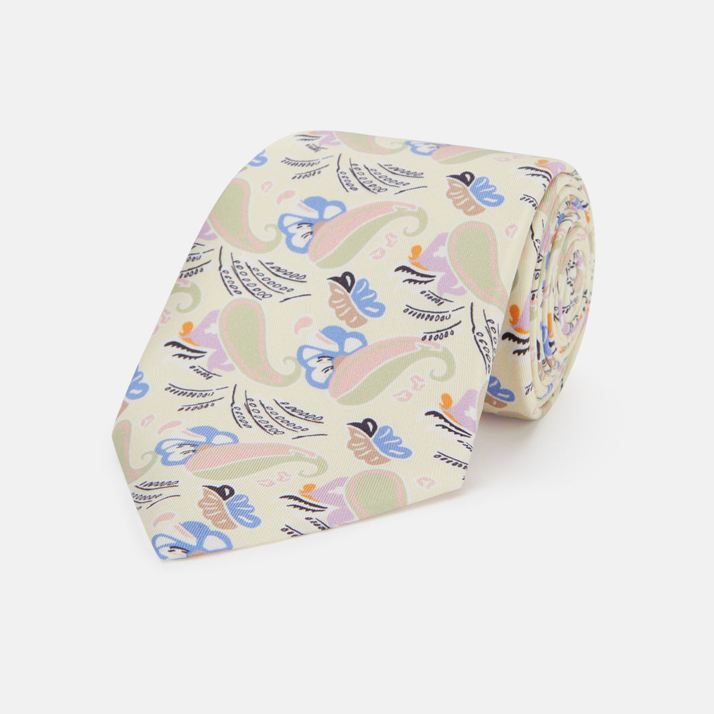 A rolled-up Cream Multi Bloomsbury-Inspired Pattern Silk Tie by Turnbull & Asser, featuring a pastel floral and paisley design in green, blue, pink, and orange tones, displayed on a white background.