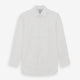 The Turnbull & Asser White Pleated Cotton Dress Shirt features a T&A collar, double cuffs, a button-down front, elegant chest pleats, and a slightly curved hem for a classic formal look.