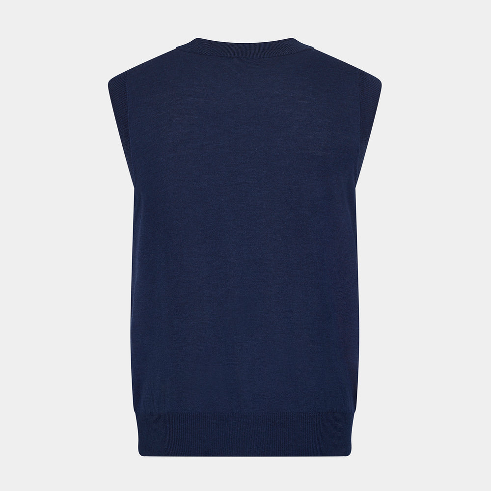 The Turnbull & Asser Navy Fine Merino V-Neck Sleeveless Cardigan features a front button closure, ribbed hem, and two pockets—sophisticated knitwear shown on a plain white background.