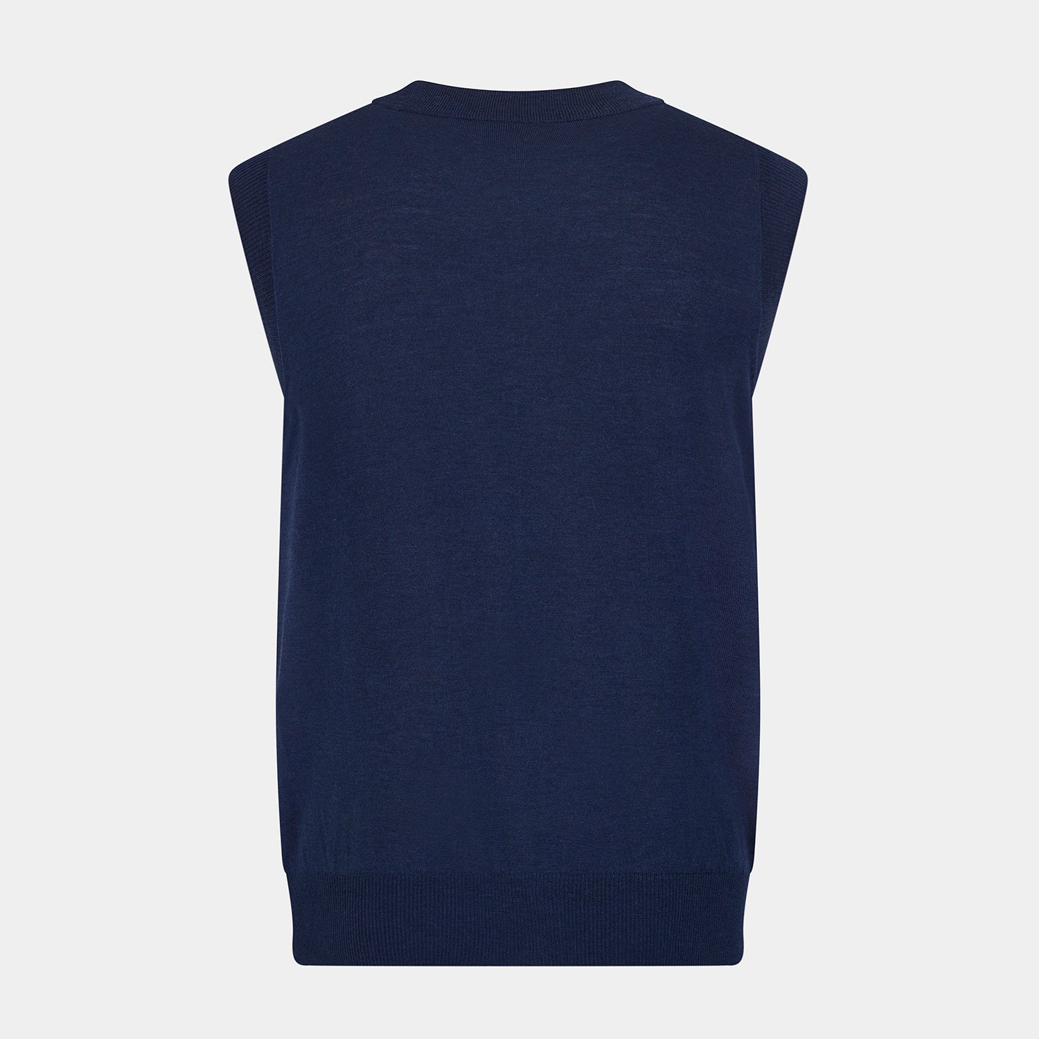 View 3 of product The Turnbull & Asser Navy Fine Merino V-Neck Sleeveless Cardigan features a front button closure, ribbed hem, and two pockets—sophisticated knitwear shown on a plain white background.