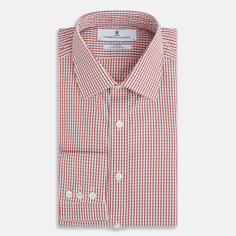 The Turnbull & Asser Red Micro Shadow Check Mayfair Shirt, made from premium Italian cotton with a classic collar and buttoned cuffs, is shown on a plain white background.