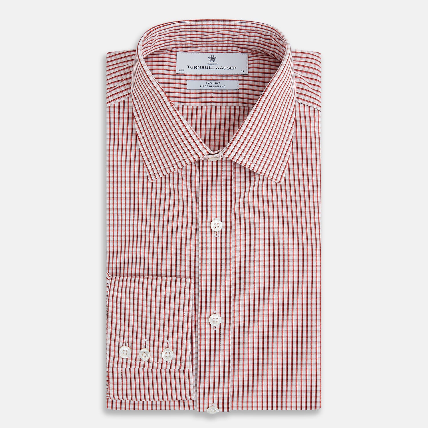 View 5 of product The Turnbull & Asser Red Micro Shadow Check Mayfair Shirt, made from premium Italian cotton with a classic collar and buttoned cuffs, is shown on a plain white background.