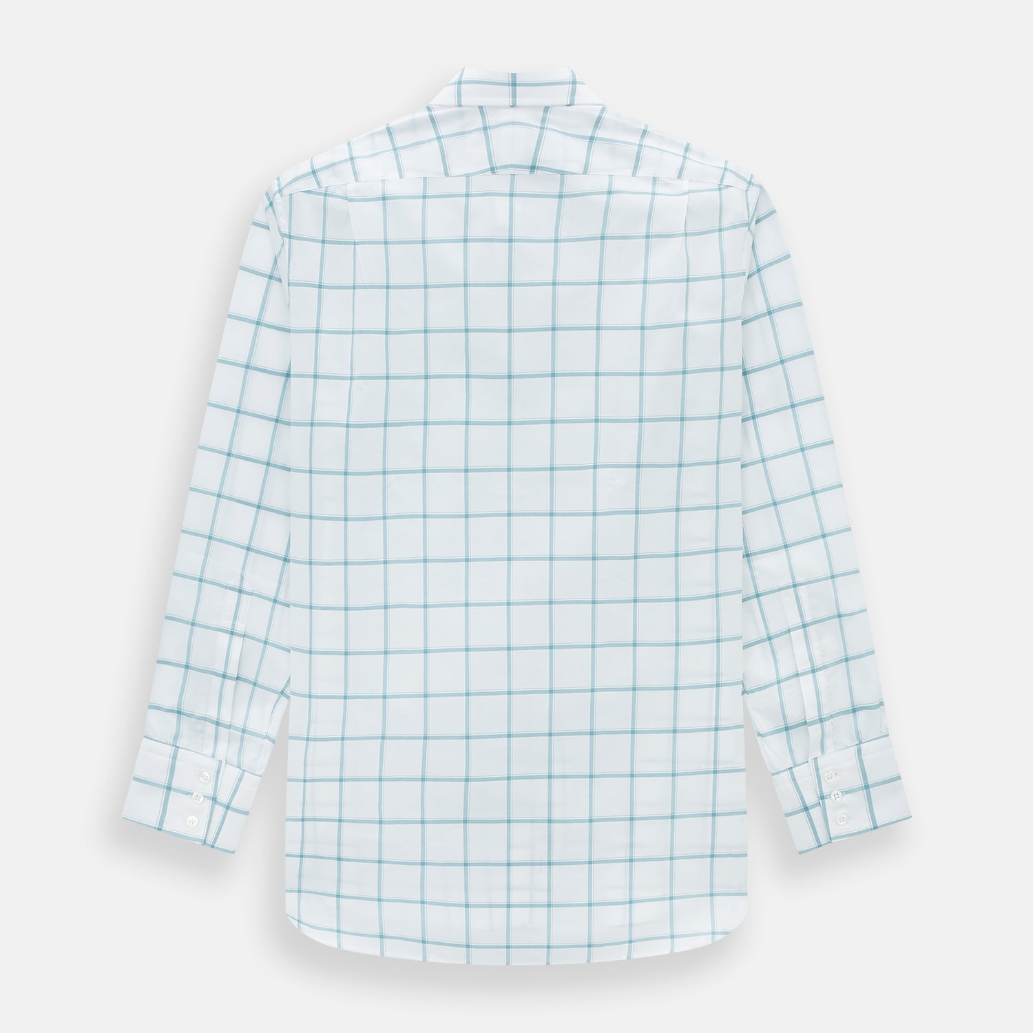 View 3 of product The Turnbull & Asser Sage Grid Check Mayfair Shirt is a white, long-sleeve shirt made from Italian cotton with a light blue and sage grid pattern, shown neatly laid flat on a plain, light background.