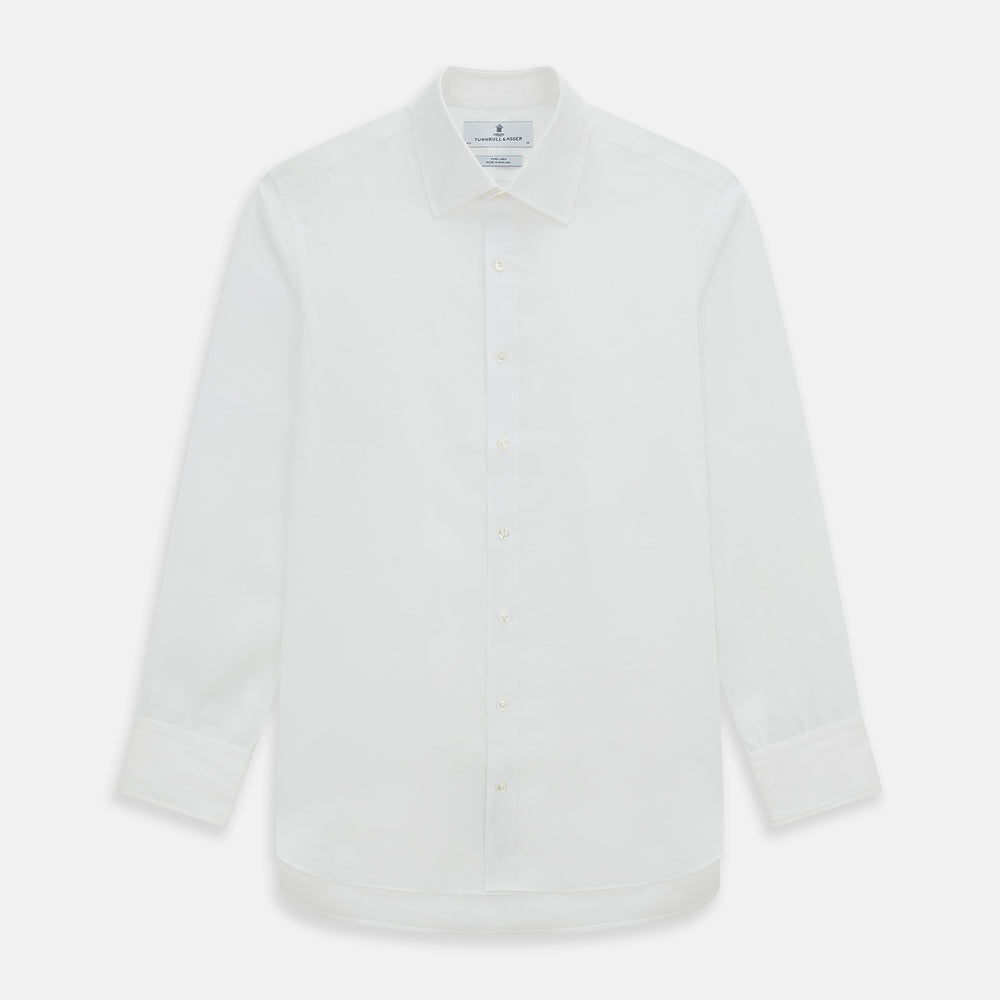 The Turnbull & Asser White Linen Mayfair Shirt features long sleeves and a classic collar, shown on a flat white background.