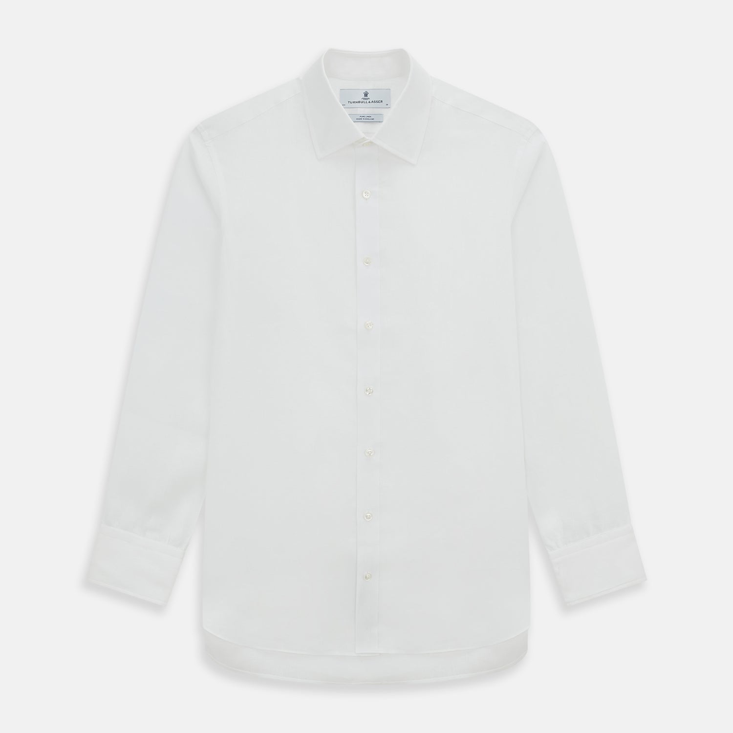 View 1 of product The Turnbull & Asser White Linen Mayfair Shirt features long sleeves and a classic collar, shown on a flat white background.