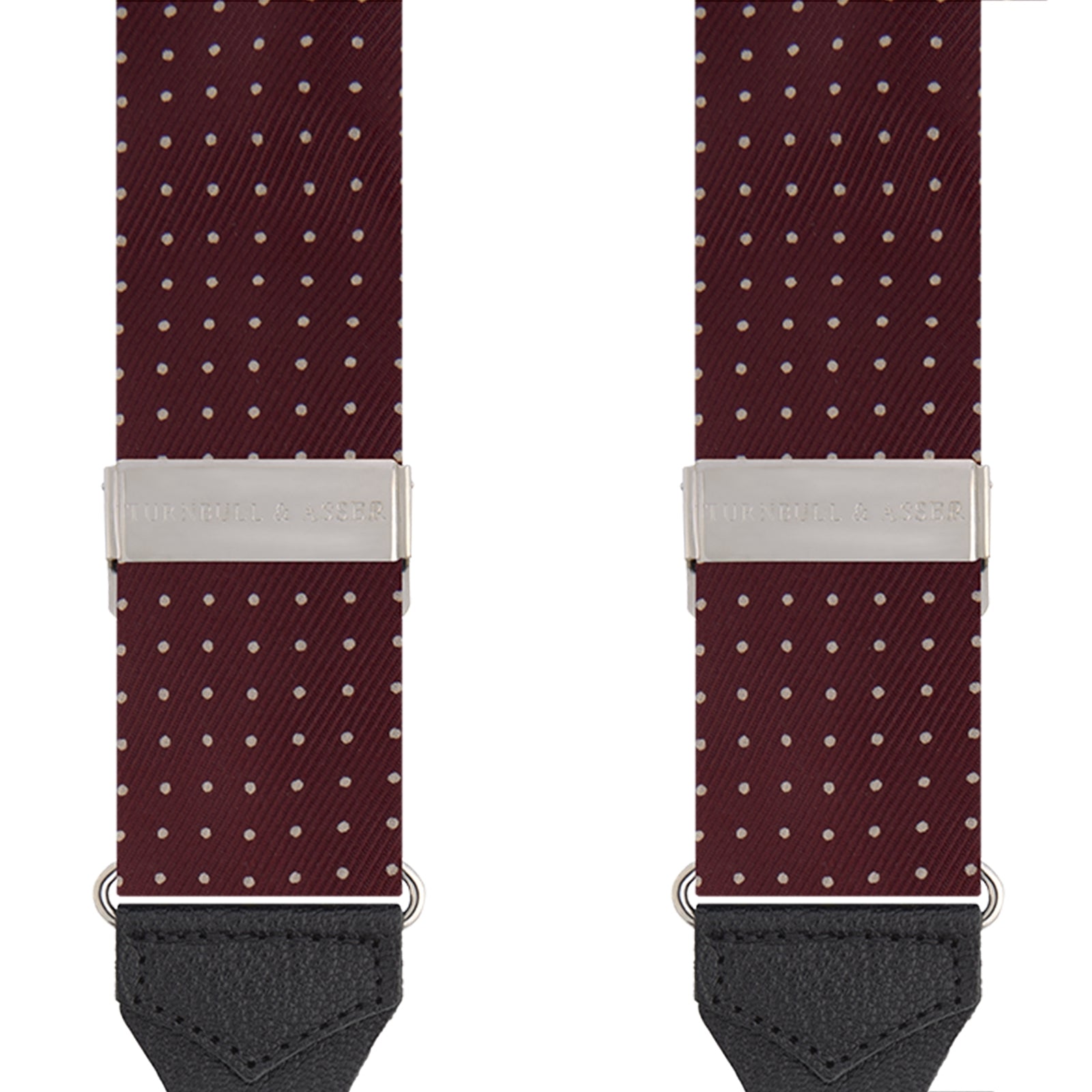 View 2 of product Turnbull & Asser Burgundy Small Spot Adjustable Silk Braces, featuring small white dots, black leather ends, and silver clasps, are displayed vertically on a plain white background for refined sartorial style.