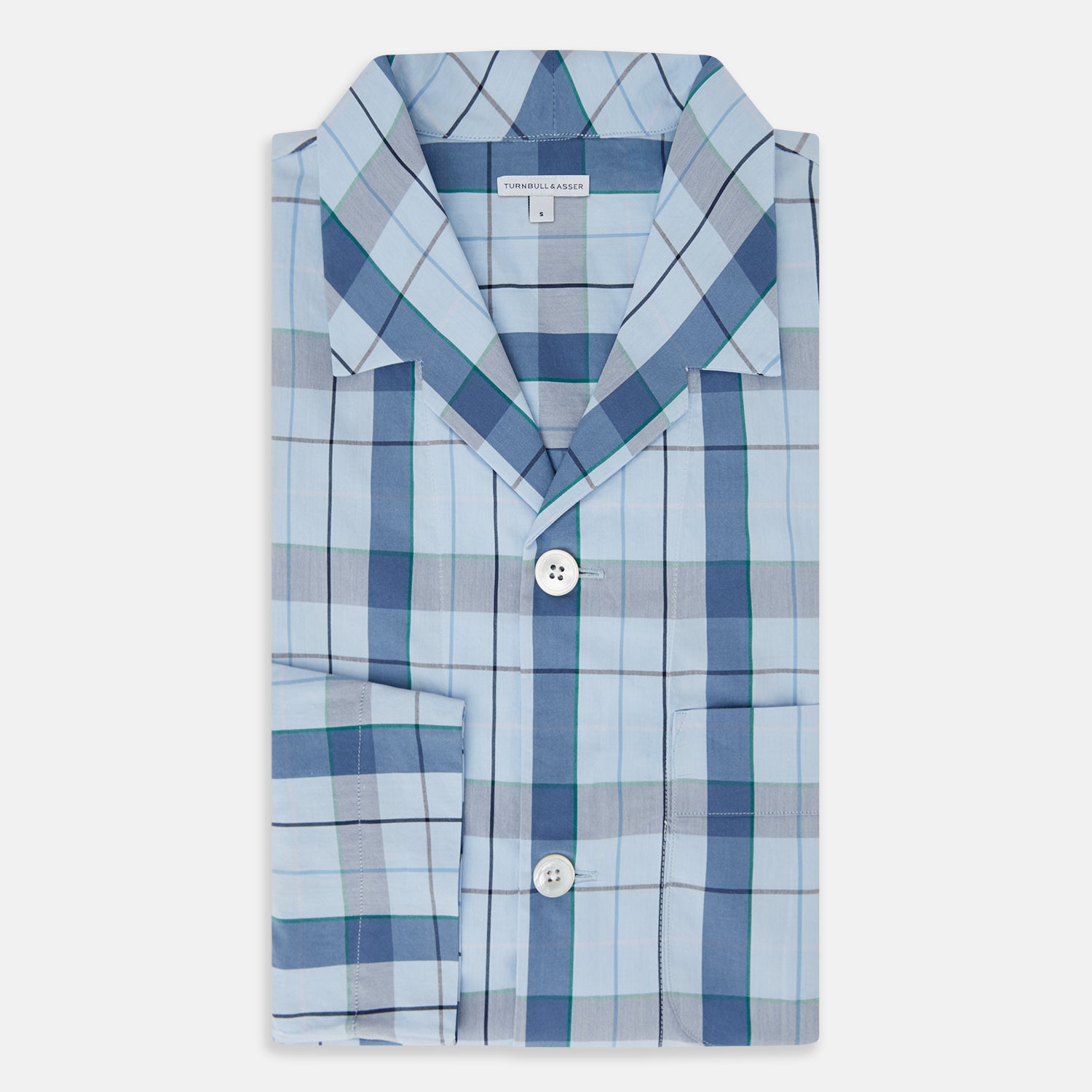View 5 of product The Turnbull & Asser Blue Multi Check Pyjama Shirt features a blue and white check pattern, long sleeves, and a collar—an elegant loungewear option perfect for nightwear.