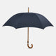 The Turnbull & Asser Navy Umbrella with Maple Crook Handle is open against a white background—an elegant men's accessory inspired by classic style.
