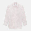 View 1 of product The Red Multi Pencil Stripe Windsor Shirt by Turnbull & Asser features long sleeves, buttoned cuffs, a Turnbull collar, and classic British tailoring with vertical red, pink, and white stripes.