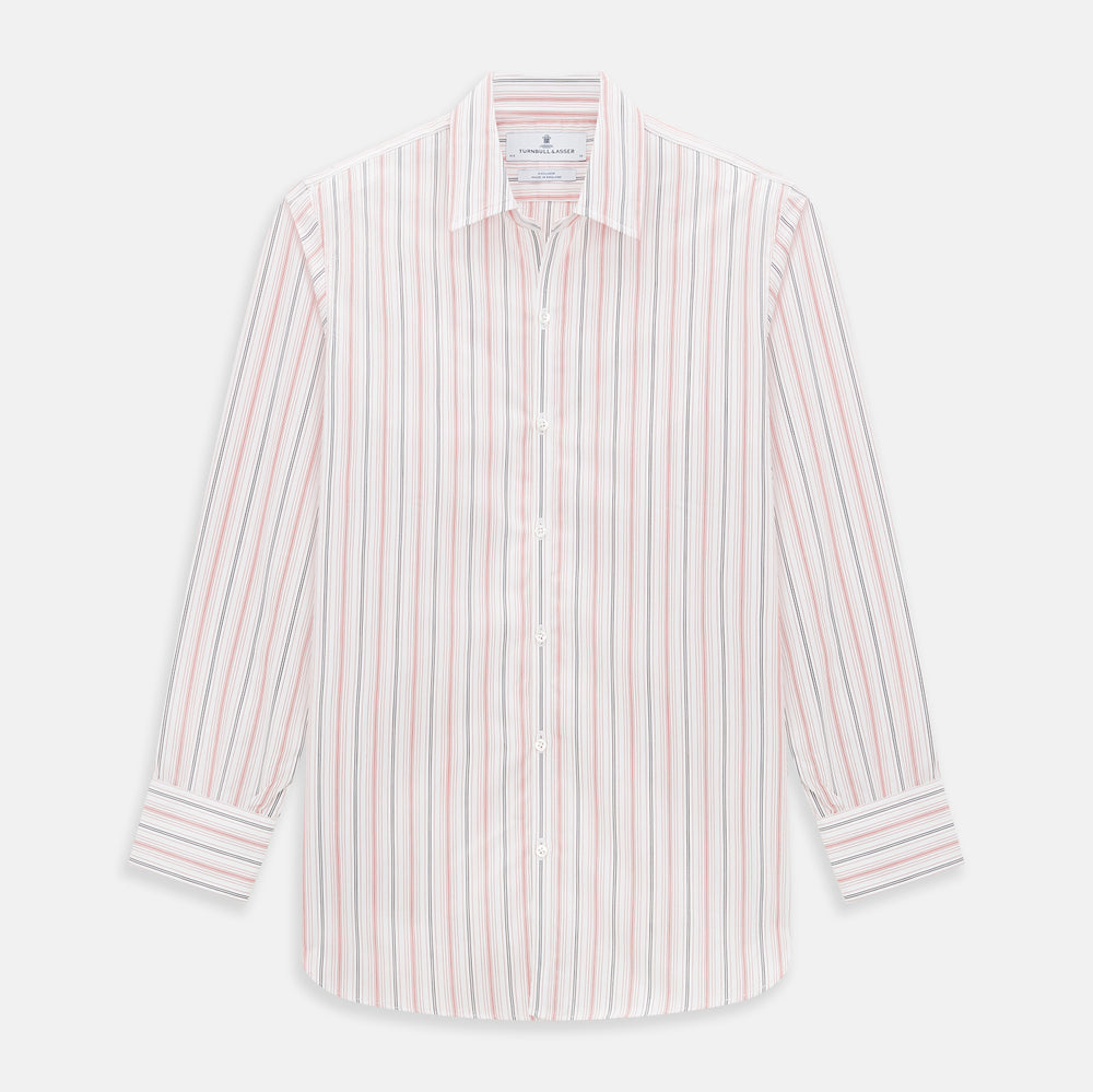 The Red Multi Pencil Stripe Windsor Shirt by Turnbull & Asser features long sleeves, buttoned cuffs, a Turnbull collar, and classic British tailoring with vertical red, pink, and white stripes.