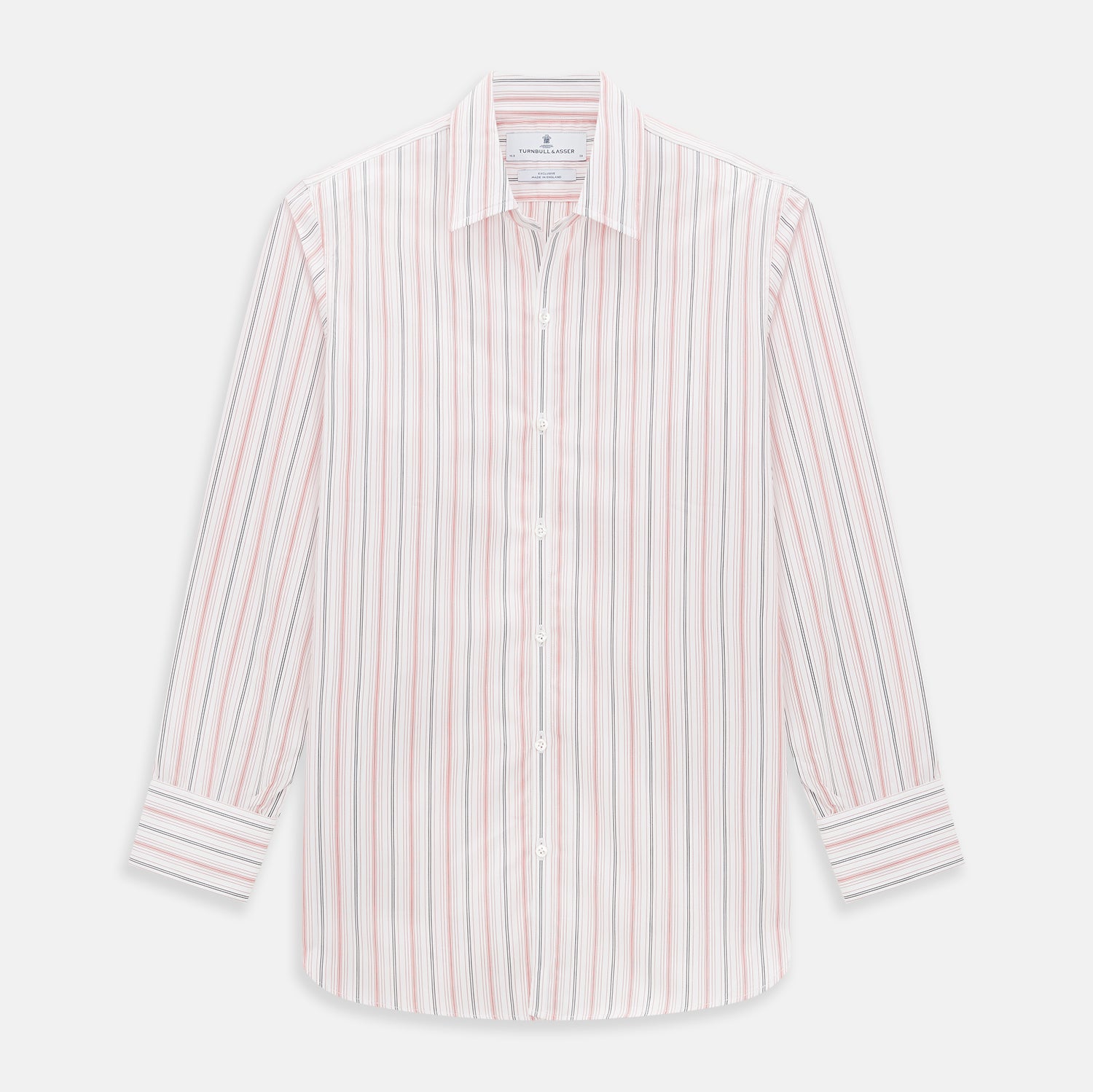 View 1 of product The Red Multi Pencil Stripe Windsor Shirt by Turnbull & Asser features long sleeves, buttoned cuffs, a Turnbull collar, and classic British tailoring with vertical red, pink, and white stripes.
