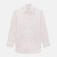 The Red Multi Pencil Stripe Windsor Shirt by Turnbull & Asser features long sleeves, buttoned cuffs, a Turnbull collar, and classic British tailoring with vertical red, pink, and white stripes.