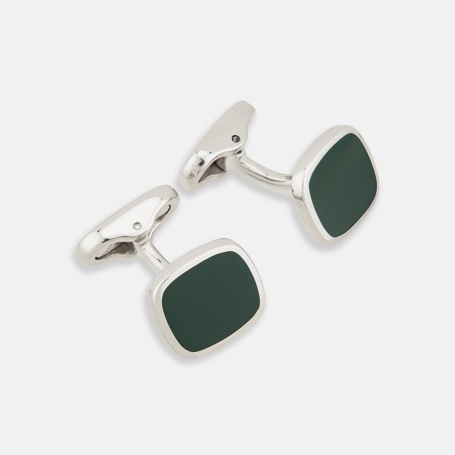 View 1 of product Turnbull & Asser's Green Rounded Square Cufflinks feature sterling silver and dark green faces—sophisticated formal accessories perfect for elevating any refined ensemble.