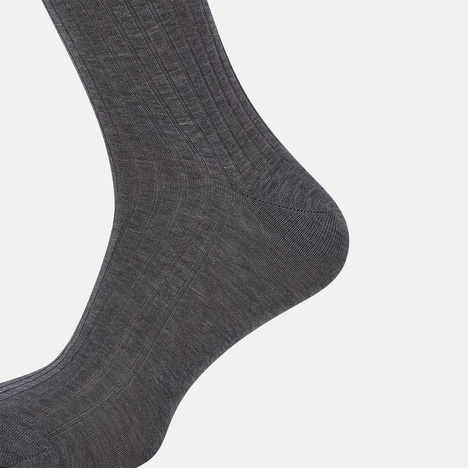 View 3 of product The Ash Mid-Length Sock by Turnbull & Asser, shown upright on a plain white background, is a single dark gray ribbed knee-high made from mercerised Egyptian cotton.