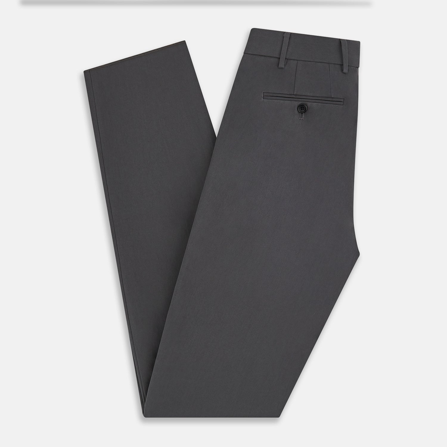 View 6 of product The Grey Henry B Trousers by Turnbull & Asser are straight-leg, feature belt loops, front pockets, a flat front, and are crafted from premium Italian cotton. Shown against a plain white background.