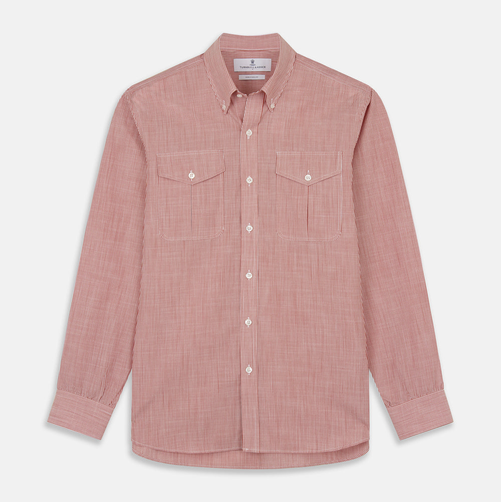 The Turnbull & Asser Dark Red Chambray Stripe Weekend Fit Shirt with a Dorset collar features striped cotton, two chest pockets with button flaps, and white front and cuff buttons—perfect for a relaxed yet stylish weekend look.