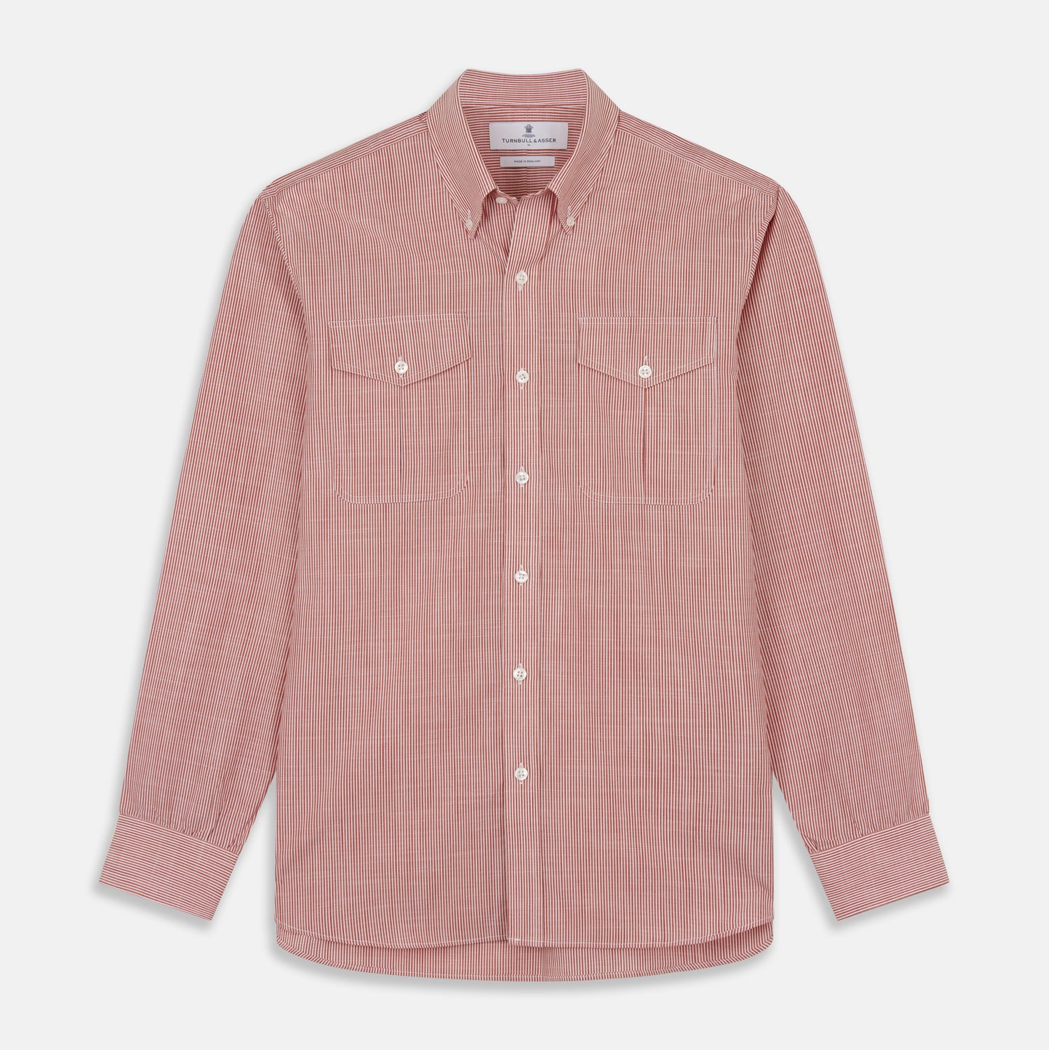 View 1 of product The Turnbull & Asser Dark Red Chambray Stripe Weekend Fit Shirt with a Dorset collar features striped cotton, two chest pockets with button flaps, and white front and cuff buttons—perfect for a relaxed yet stylish weekend look.