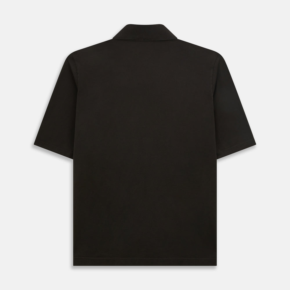 A brown cotton jersey polo shirt by Turnbull & Asser with short sleeves, a collar, three buttons, and a buttoned chest pocket, laid flat on a white background.