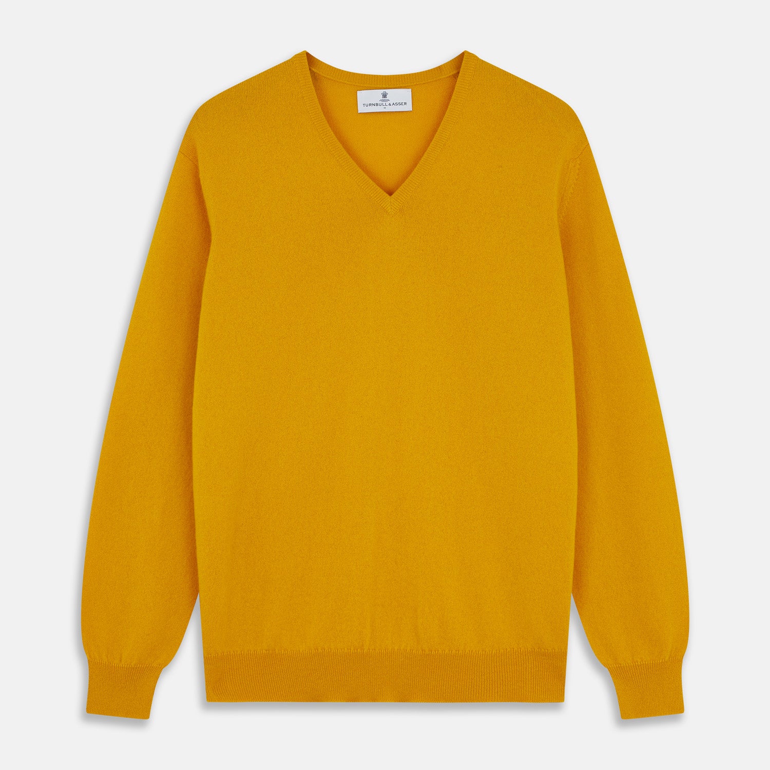 View 1 of product The Gold Paden Cashmere V-Neck Jumper by Turnbull & Asser features a bright yellow hue, long sleeves, ribbed cuffs and hem, and a classic design. It is shown laid flat on a white background.