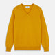 The Gold Paden Cashmere V-Neck Jumper by Turnbull & Asser features a bright yellow hue, long sleeves, ribbed cuffs and hem, and a classic design. It is shown laid flat on a white background.