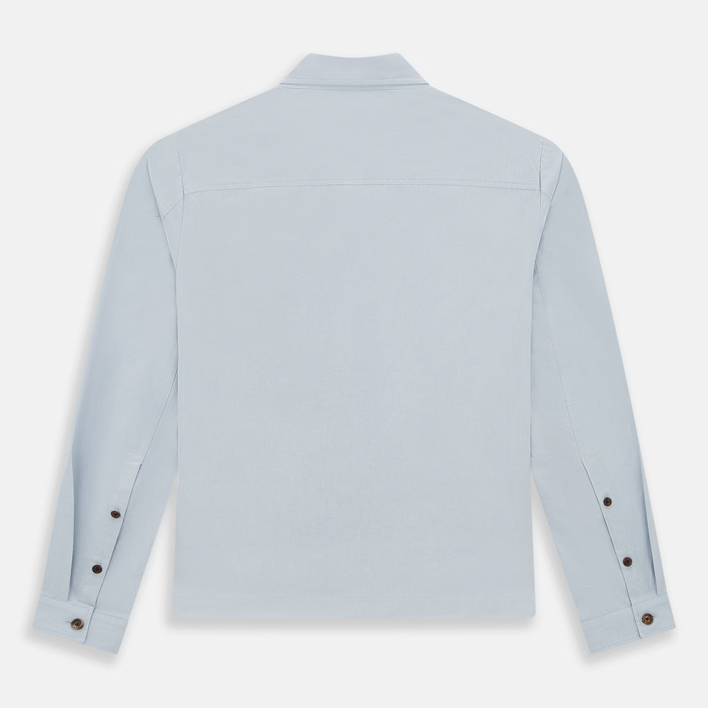 The Turnbull & Asser Grey Hyde Overshirt is a long-sleeve button-up made from sanforised cotton, featuring a single chest pocket and dark buttons, shown against a plain white background.