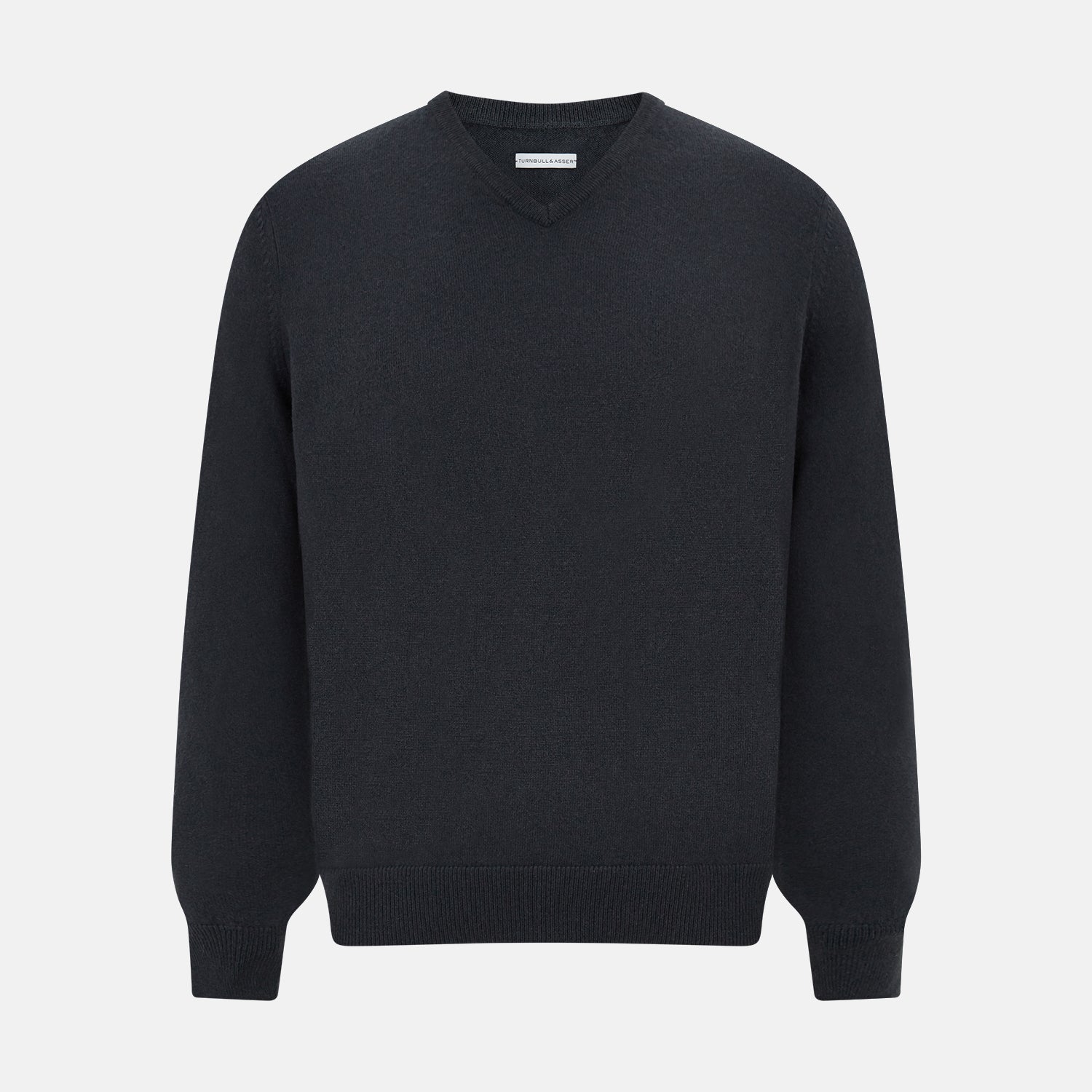 View 1 of product The Turnbull & Asser Dark Green Cashmere V-Neck Jumper features long sleeves, ribbed cuffs, and a ribbed waistband, showcased against a white background.