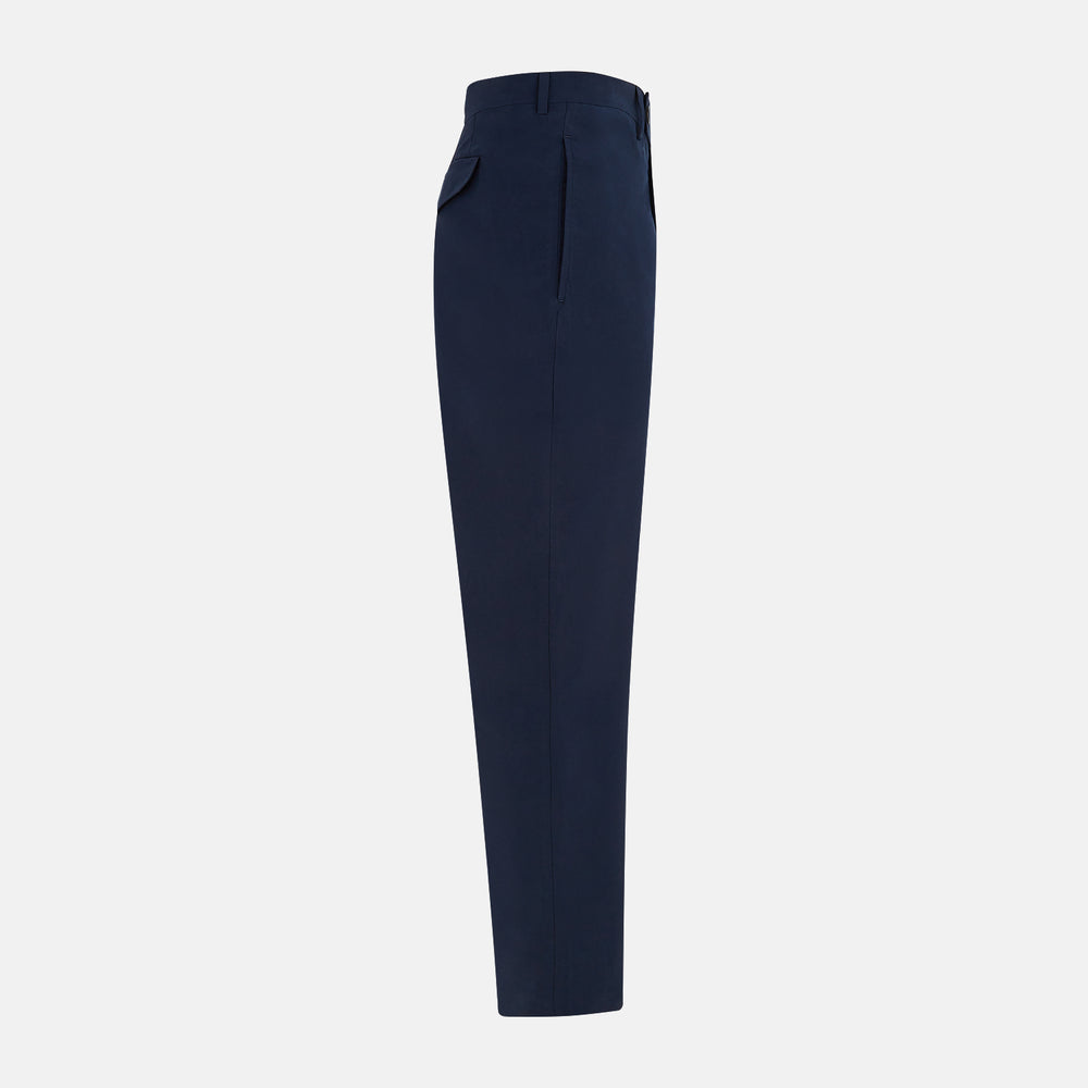 Turnbull & Asser Navy Winston Trousers in high-twist cotton, featuring a straight-leg cut, button and zipper closure, belt loops, and side pockets, displayed on a plain white background.