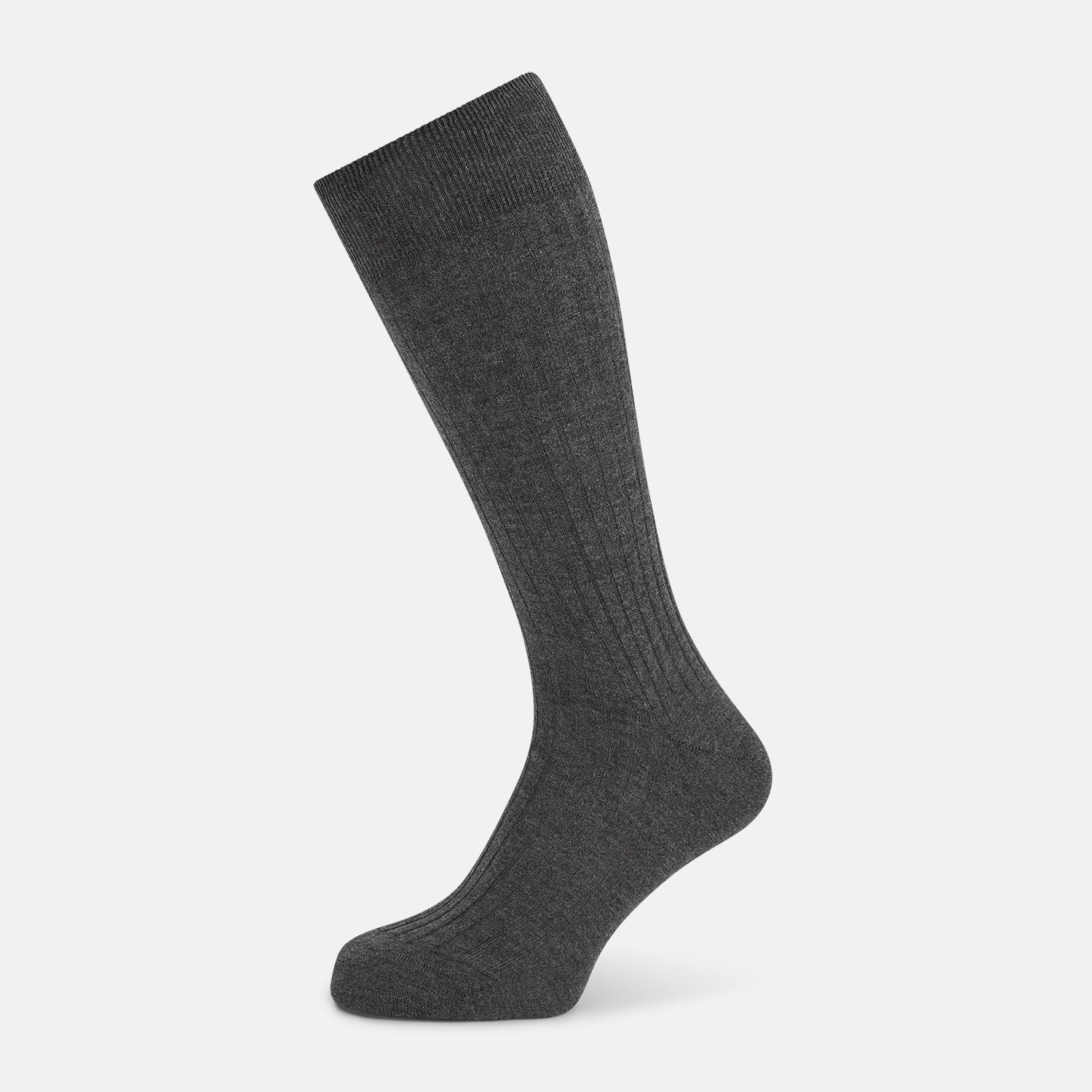 View 1 of product A single Grey Organic Cotton Mid-Length Sock by Turnbull & Asser is shown upright on a white background, featuring a ribbed texture and reinforced cuff.