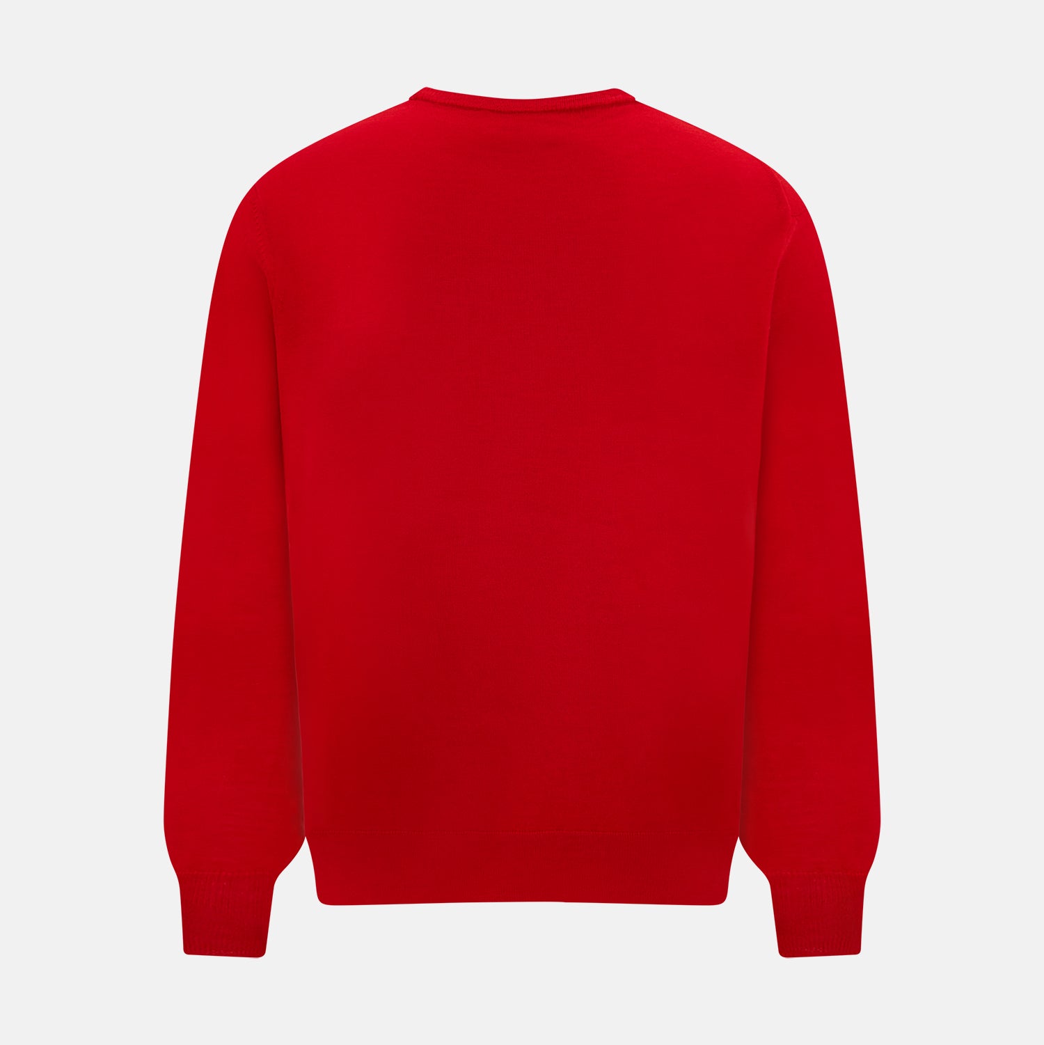 View 3 of product The Turnbull & Asser Red Merino Round Neck Jumper features long sleeves, ribbed cuffs and hem—a classic men's knitwear essential shown on a white background.