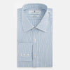 View 5 of product The Turnbull & Asser Sky Blue Double Stripe Mayfair Shirt features sky blue and white vertical stripes, a T&A collar, buttoned cuffs, and is displayed flat on a white background.