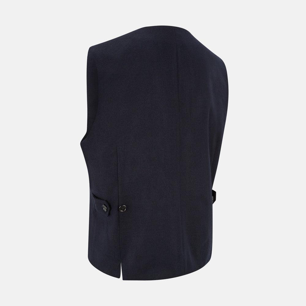 The Turnbull & Asser Navy Single-breasted Waistcoat is a sleeveless wool-cashmere piece with a small chest pocket and two side pockets, shown against a white background—an ideal addition to your winter wardrobe.