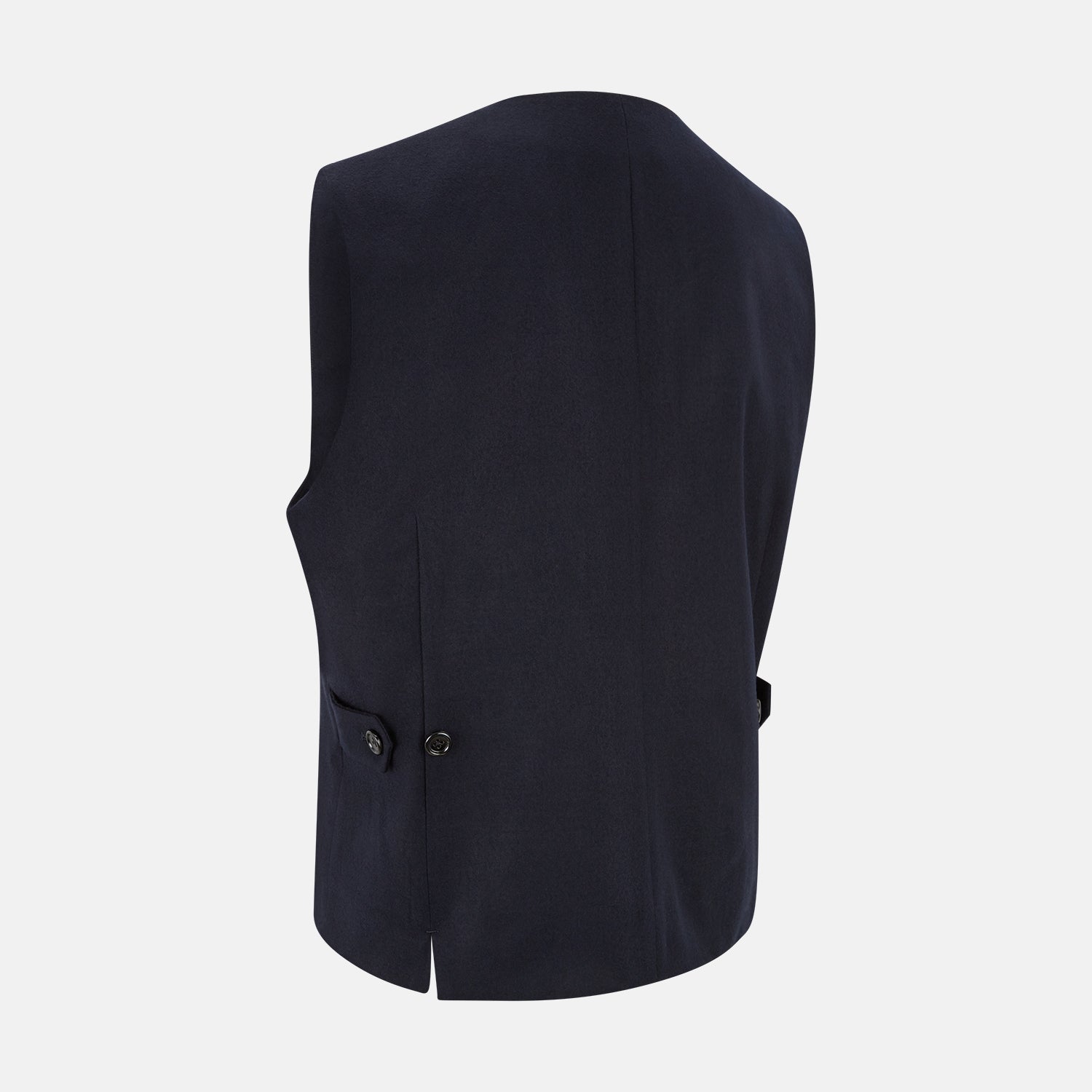 View 3 of product The Turnbull & Asser Navy Single-breasted Waistcoat is a sleeveless wool-cashmere piece with a small chest pocket and two side pockets, shown against a white background—an ideal addition to your winter wardrobe.