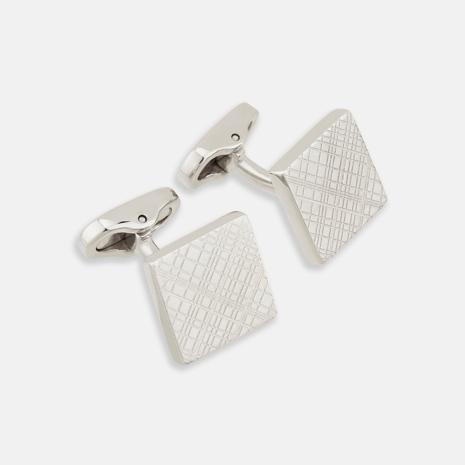 View 1 of product Turnbull & Assers Silver Grid Square Cufflinks feature a geometric crisscross pattern, offering refined elegance and displayed against a white background.