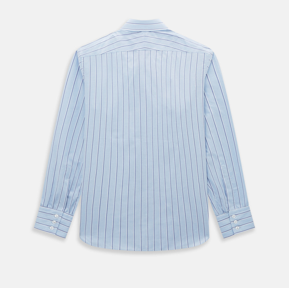 The Blue and Navy Multi-Stripe Westminster Shirt by Turnbull & Asser, featuring bold vertical stripes and a classic collar, exemplifies British craftsmanship and is shown laid flat on a white background.