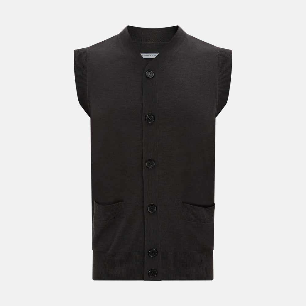 The Turnbull & Asser Dark Brown Merino V-Neck Sleeveless Cardigan features a button-up front and two pockets, styled as a men's sleeveless vest and shown on a plain white background.