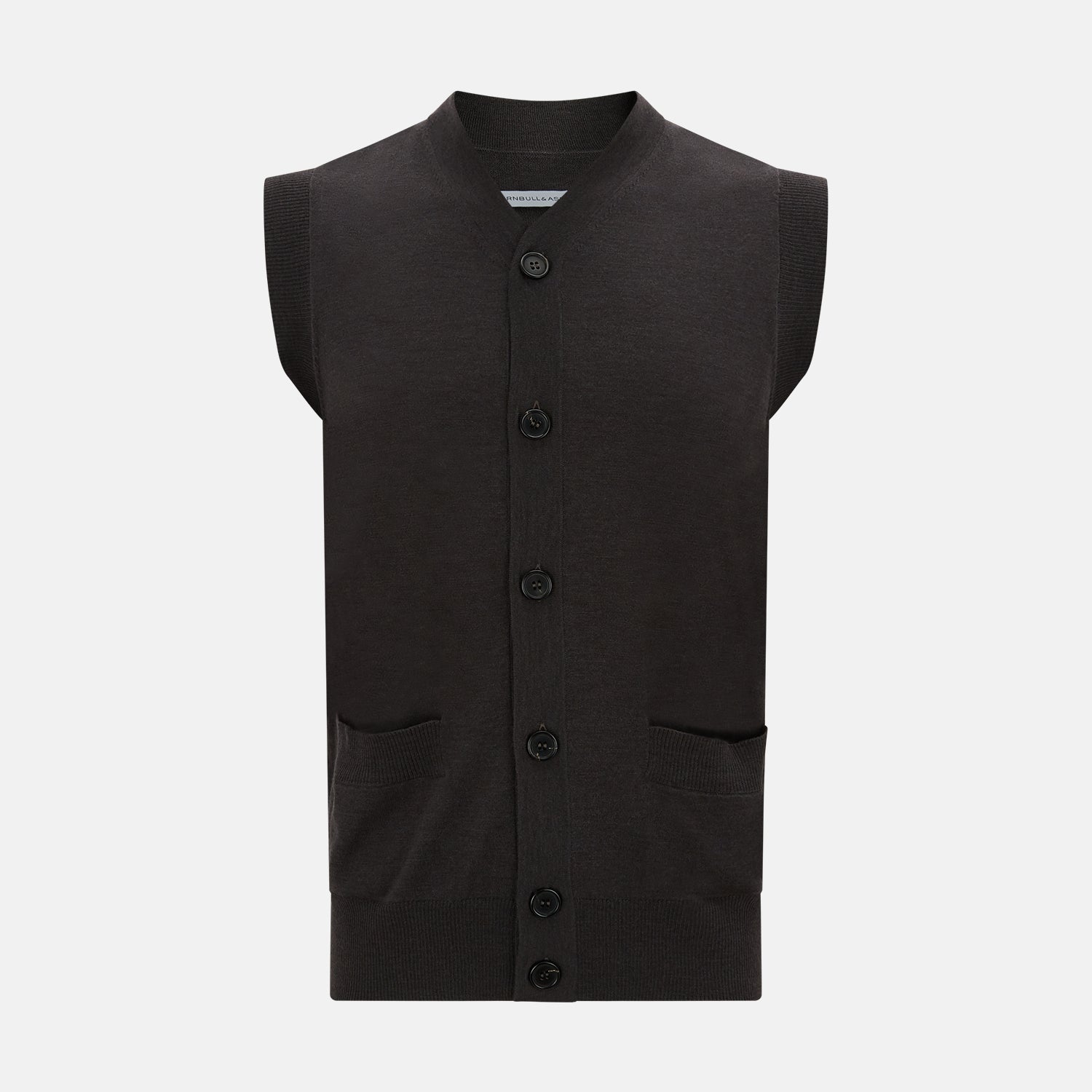 View 1 of product The Turnbull & Asser Dark Brown Merino V-Neck Sleeveless Cardigan features a button-up front and two pockets, styled as a men's sleeveless vest and shown on a plain white background.