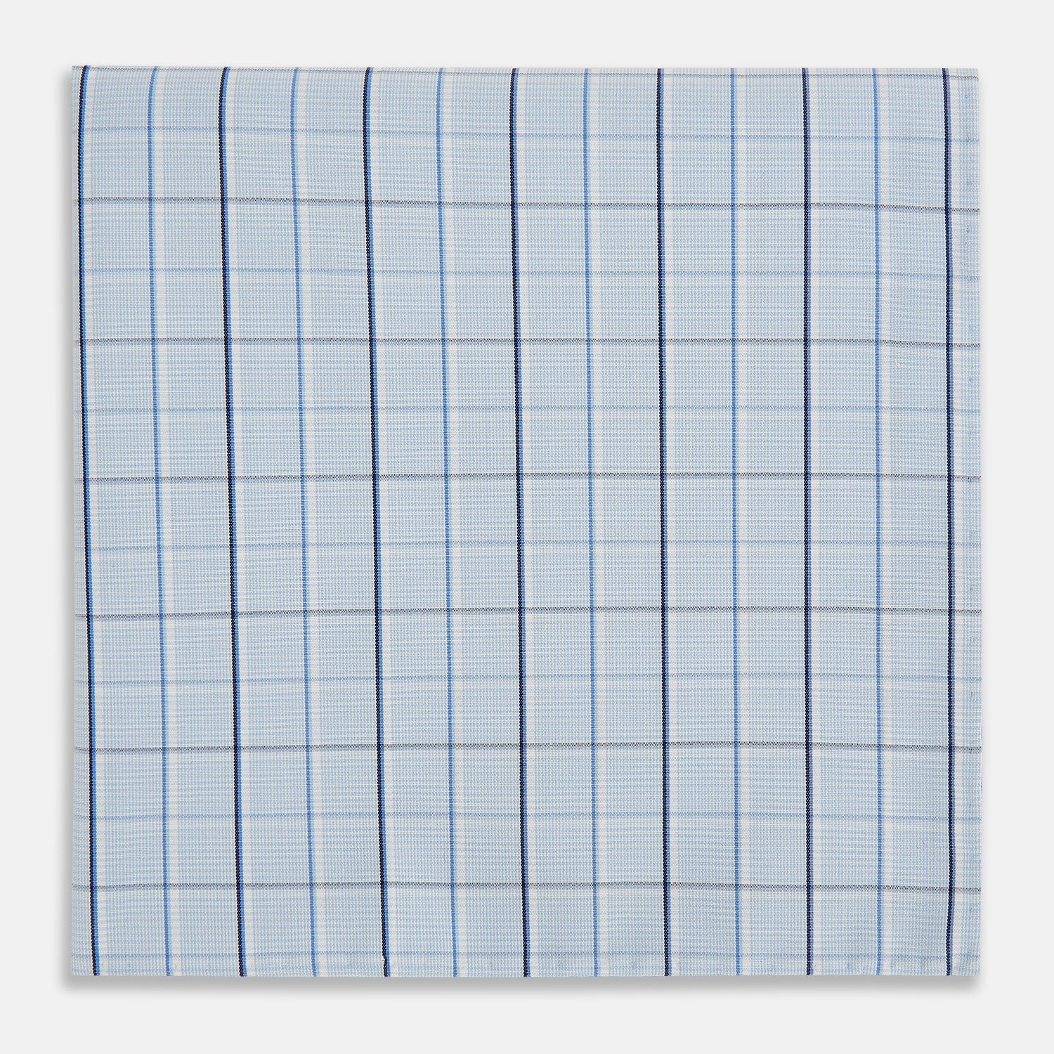 View 1 of product The Turnbull & Asser Navy and Blue Combination Check Hand-Rolled Handkerchief features a classic check pattern in navy and blue with thin white lines, shown laid flat on a white background.