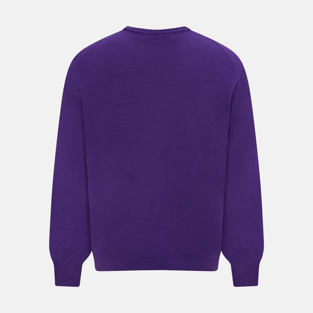 The Turnbull & Asser Purple Merino Round Neck Jumper, a classic men’s knitwear piece, is shown against a white background.