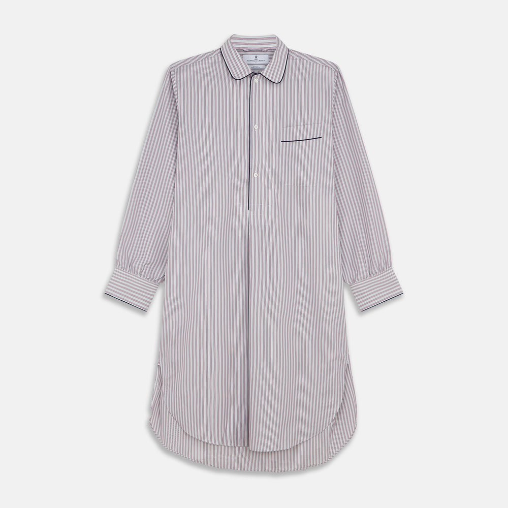 The Turnbull & Asser Red and Blue Multi Stripe Cotton Sussex Nightshirt features long sleeves, a knee-length cut, collared neckline, button placket, chest pocket with dark trim, and rounded hem for luxurious sleepwear.