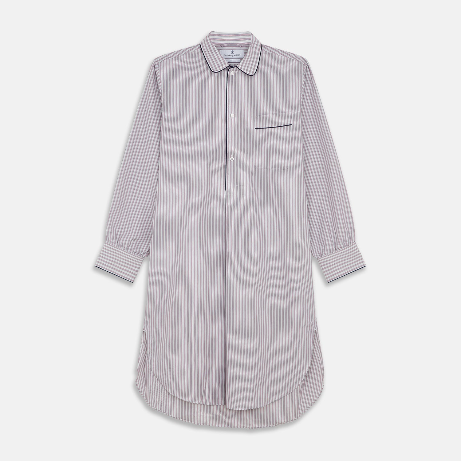 View 1 of product The Turnbull & Asser Red and Blue Multi Stripe Cotton Sussex Nightshirt features long sleeves, a knee-length cut, collared neckline, button placket, chest pocket with dark trim, and rounded hem for luxurious sleepwear.