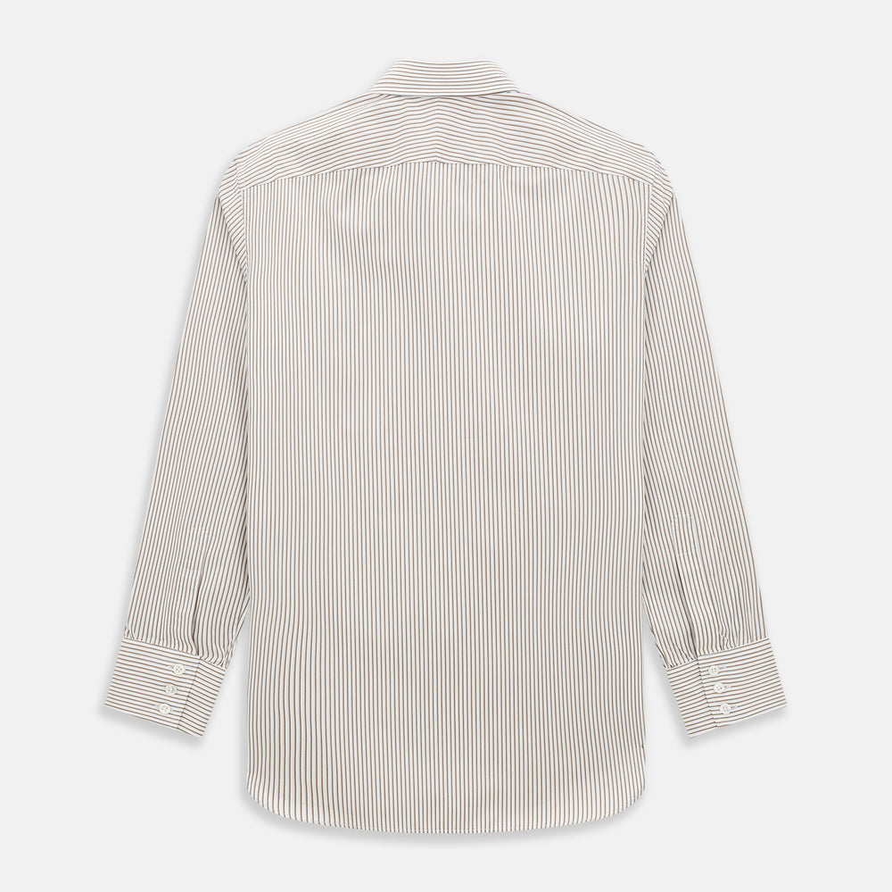 The Turnbull & Asser Coffee Multi Stripe Westminster Shirt features long sleeves, a button-up front, subtle beige and white stripes, a pointed Turnbull collar, and buttoned cuffs—expertly crafted in Britain and shown flat on a white background.
