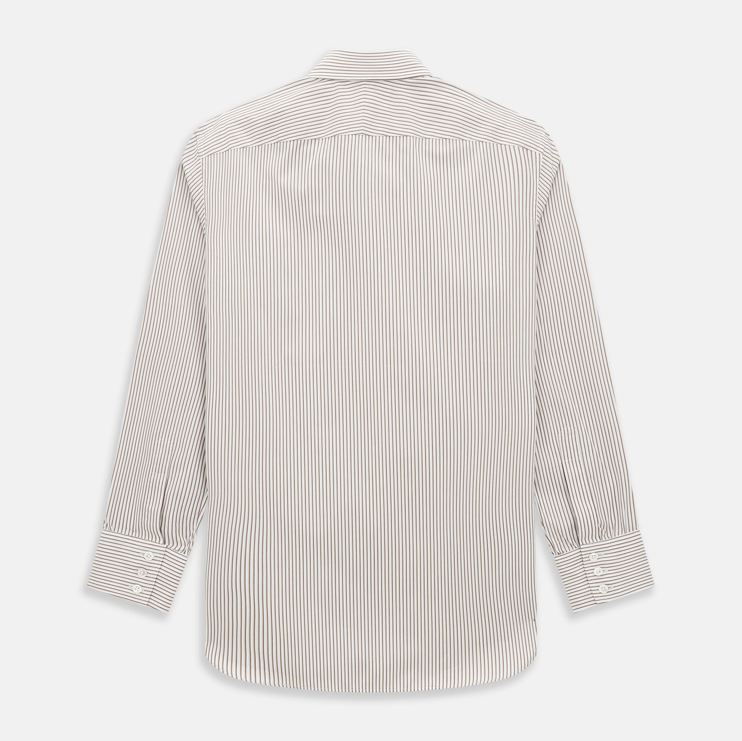 View 3 of product The Turnbull & Asser Coffee Multi Stripe Westminster Shirt features long sleeves, a button-up front, subtle beige and white stripes, a pointed Turnbull collar, and buttoned cuffs—expertly crafted in Britain and shown flat on a white background.